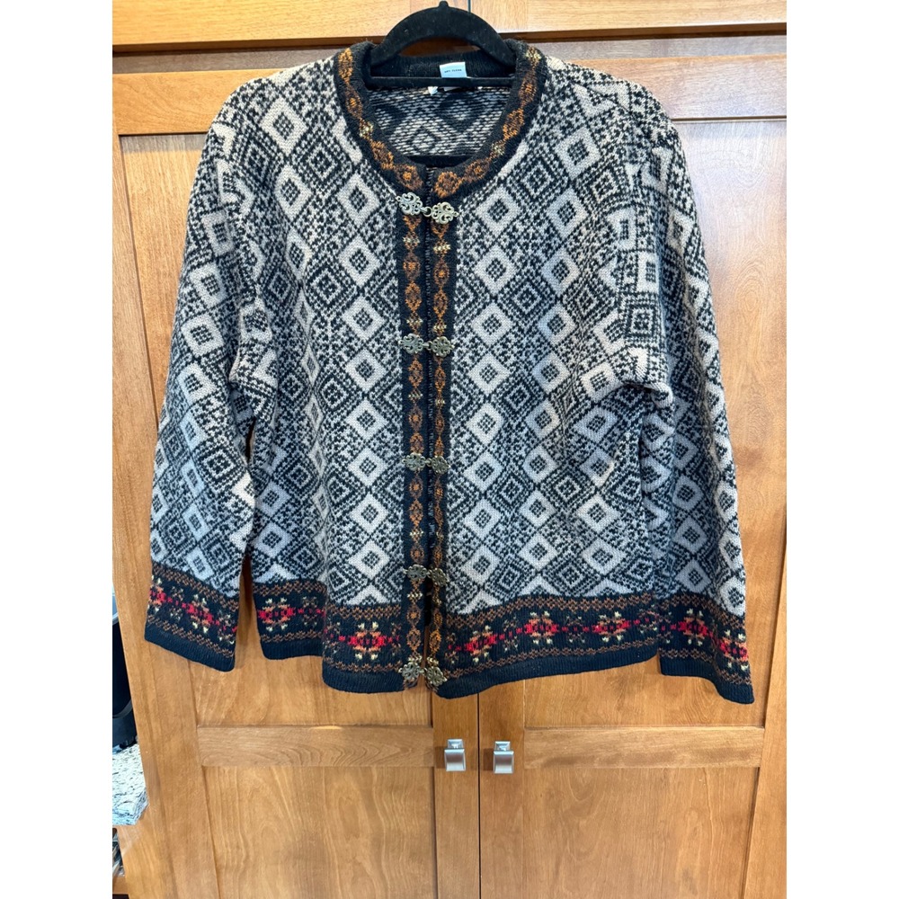 Telluride Clothing Wool Nordic Cardigan Pewter Clasp Sweater Womens L Fair Isle